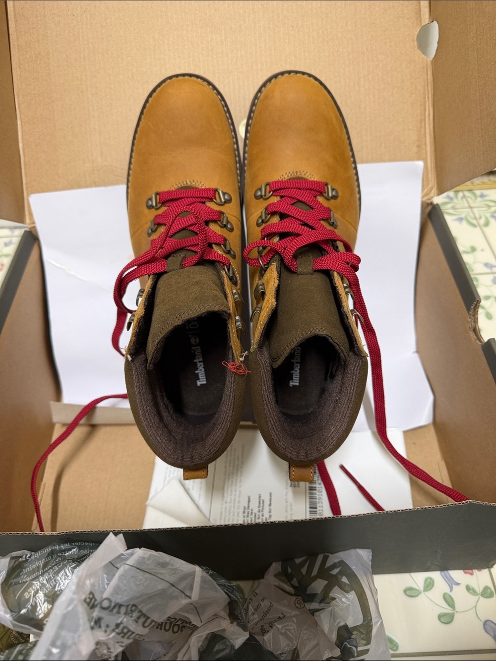 Timberland Tan/Brown Lace-Up Boots with Red Laces